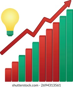 Una bombilla brillante simboliza una nueva idea, iluminando un gráfico de barras ascendente y una flecha de tendencia ascendente, que representa el crecimiento financiero y el desarrollo empresarial.