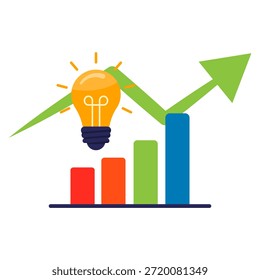 glowing lightbulb symbolizing innovation hovers above a rising bar graph and upward trending arrow, representing business success and new ideas.