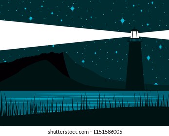 Glowing lighthouse against the background of the starry sky. The night shore of the sea. Vector illustration