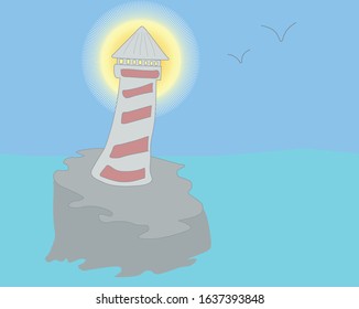 Glowing lighthouse on the island.