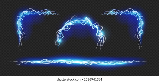 Esquinas y líneas brillantes del marco del rayo, decoración del semicírculo para los Anuncios, la tipografía o los anuncios. Vector aislado descarga eléctrica gráfica, conjunto moderno aislado sobre fondo transparente