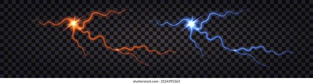 Perno de trueno de relámpago brillante, efecto de resplandor de luz de neón rojo y azul, grietas de línea eléctrica, impulso dinámico con golpe de ráfaga de flash. Vector aislado sobre fondo transparente