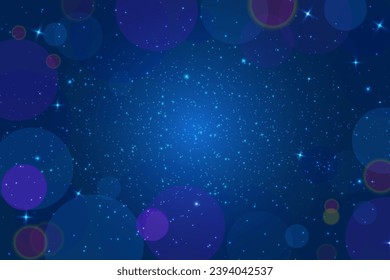Glowing lights blurred bokeh on dark blue background, Christmas and new year festive banner template. Universal stardust. Vector illustration.