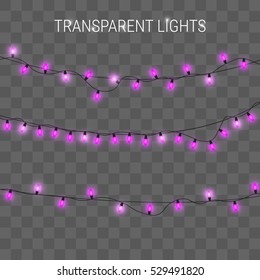 Glowing lights. Christmas garland on transparent background. Purple lights