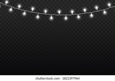 Glowing lights for Christmas holiday cards, banners, posters, web designs. Christmas lights, isolated on a transparent background. Led neon lamp. Garland decorations. Vector illustration, eps 10.