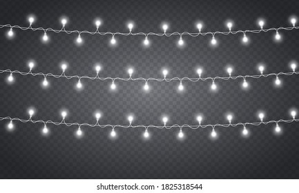 Glowing lights for Christmas holiday cards, banners, posters, web designs. Led neon lamp. Christmas lights, isolated on a transparent background. Garland decorations. Vector illustration, eps 10.