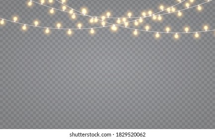 Glowing lights for Christmas holiday cards, banners, posters, web designs. Christmas lights, isolated on a transparent background. Led neon lamp. Garland decorations. Vector illustration, eps 10.