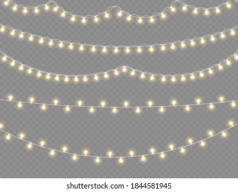 Luces brillantes para tarjetas navideñas, carteles, afiches, diseños web. Lámpara de neón. Luces navideñas aisladas en un fondo transparente. Decoración de garland. Ilustración vectorial, eps 10.