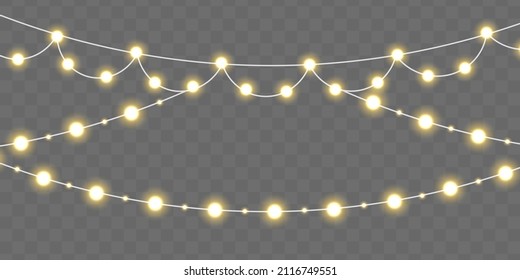 Glowing lights for Christmas holiday cards design. Set of golden Xmas glowing garland. Led neon lamp. Light bulbs isolated on transparent background. New Year party decoration. Vector illustration.