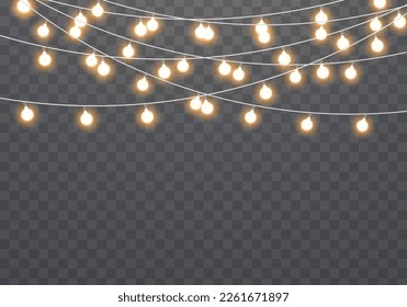 Glowing lights for Christmas holiday cards design. Led neon lamp. Set of golden Xmas glowing garland. Light bulbs isolated on transparent background. New Year party decoration. Vector illustration.