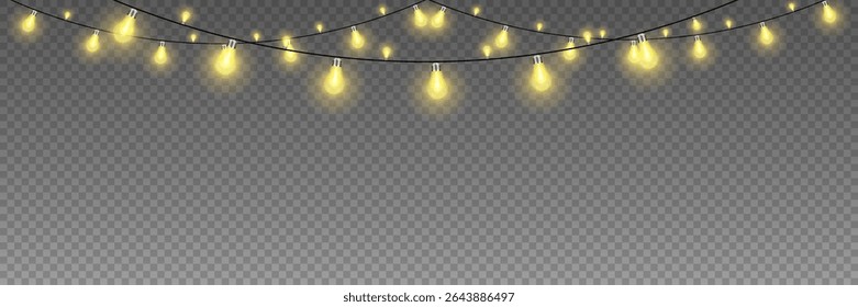 Glowing lights for Christmas holiday cards, banners. Garland decorations. On a transparent background.