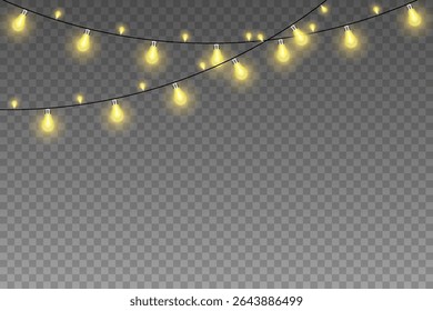 Glowing lights for Christmas holiday cards, banners. Garland decorations. On a transparent background.