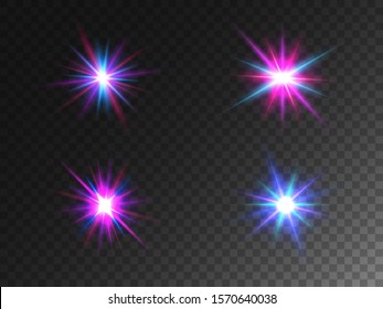 Glowing lights collection isolated on transparent backdrop. Color glare effects. Set of colorful particles. Shining rays with bright effect. Different lens flares. Vector illustration.