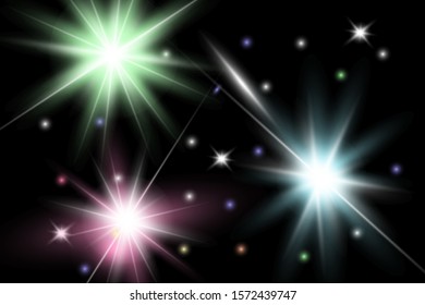 Glowing lights collection isolated on transparent backdrop. Color glare effects. Set of colorful particles. Shining rays with bright effect. Different lens flares. Vector illustration