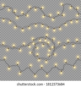 Glowing lights for design of Christmas holiday cards. Christmas lights, decorations, garlands isolated on a transparent background. Glowing lights for Xmas Holiday. Led neon lamp. Vector illustration.