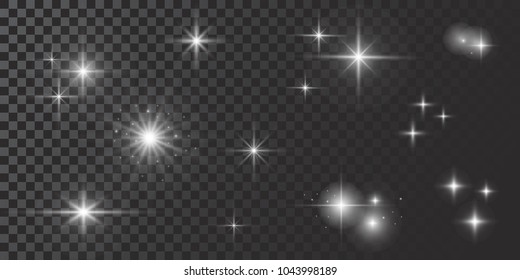 Glowing lights effect, flare, explosian and stars. Special effect isolated on transparent background. White