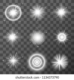 Glowing lights effect, flare, explosion and stars.Transparent light effects in vector. Vector illustration