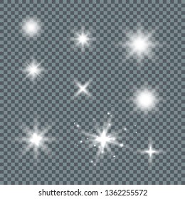 Glowing lights effect, flare, explosion and stars. Special effect isolated on transparent background.