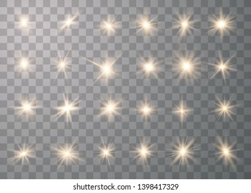 Glowing lights effect, flare, explosion and stars. Sparkling magical dust particles. Special effect isolated on transparent background