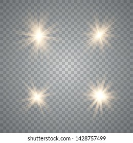 Glowing lights effect, flare, explosion and stars. A set of stars, light and radiance, rays and brightness. Special effect isolated on transparent background.