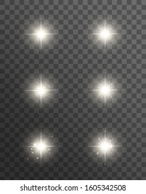 Glowing lights effect, flare, explosion and stars. Special effect isolated on transparent background. Vector illustration 