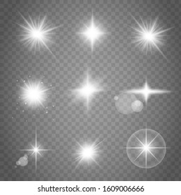 Glowing lights effect, flare, explosion and stars.  Sparkling magical dust particles. Bright Star. Transparent shining sun, bright flash. Vector sparkles.