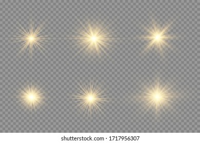 Efecto de las luces brillantes, explosión y estrellas. Efecto especial aislado sobre el fondo transparente. Pasos de dilución del vector 10