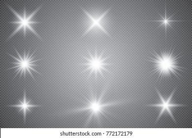 Glowing lights effect, flare, explosion and stars. Special effect isolated on transparent background
