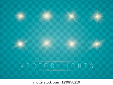 Glowing lights effect, flare, sun and stars. Set of Vector glowing light effect stars bursts with sparkles on transparent background. Abstract special effect element design. Shine, flare, lens, burst.