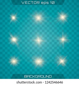Glowing lights effect, flare, sun and stars. Set of Vector glowing light effect stars bursts with sparkles on transparent background. Abstract special effect element design. Shine, flare, lens, burst.