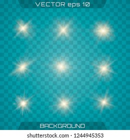 Glowing lights effect, flare, sun and stars. Set of Vector glowing light effect stars bursts with sparkles on transparent background. Abstract special effect element design. Shine, flare, lens, burst.
