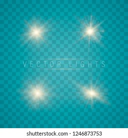 Glowing lights effect, flare, sun and stars. Set of Vector glowing light effect stars bursts with sparkles on transparent background. Abstract special effect element design. Shine, flare, lens, burst.