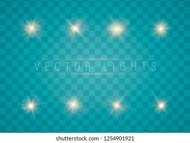 Glowing lights effect, flare, sun and stars. Set of Vector glowing light effect stars bursts with sparkles on transparent background. Abstract special effect element design. Shine, flare, lens, burst.