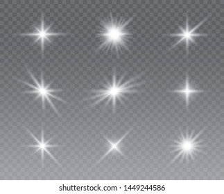 Glowing lights effect, flare, sun and stars set. Vector illustration