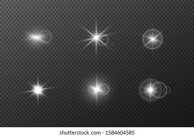 Glowing lights effect, flare. Vector Star set. Explosion collection. White illustration on transparent background. 