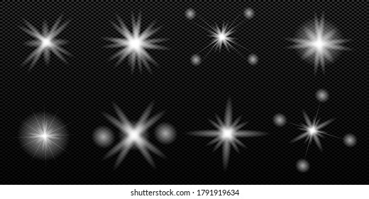 Glowing lights effect, flash, burst and stars. Special effect isolated on transparent background