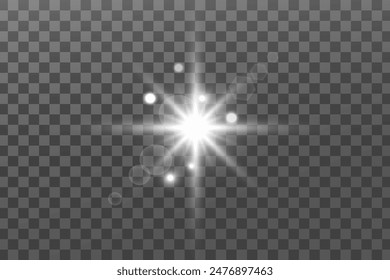 Efecto Luces brillantes. Brillo brillante aislado. Estrella blanca brillante o llamarada solar. Decoración para Navidades, fiesta de año nuevo. Superposición mágica de fotos. El fondo transparente se puede eliminar en el archivo de Vector.