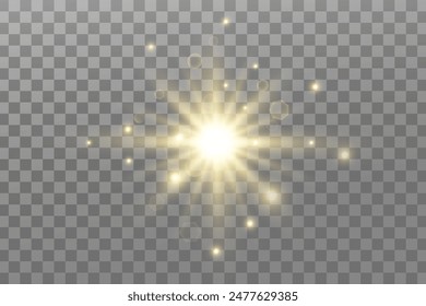 Glowing lights effect. Glitter sparkle isolated. Golden shining star or sun flare. Decoration for Christmas, new year party. Magic photo overlay. Transparent background can be removed in vector file.