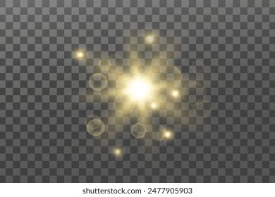 Glowing lights effect. Glitter sparkle isolated. Golden shining star or sun flare. Decoration for Christmas, new year party. Magic photo overlay. Transparent background can be removed in vector file.