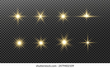 Glowing lights effect. Glitter sparkle isolated. Golden shining star or sun flare. Decoration for Christmas, new year party. Magic photo overlay. Transparent background can be removed in vector file.