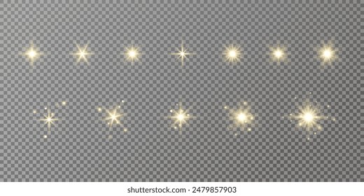 Glowing lights effect. Glitter sparkle isolated. Golden shining star or sun flare. Decoration for Christmas, new year party. Magic photo overlay. Transparent background can be removed in vector file.