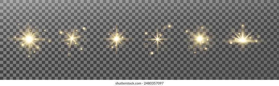 Glowing lights effect. Glitter sparkle isolated. Golden shining star or sun flare. Decoration for Christmas, new year party. Magic photo overlay. Transparent background can be removed in vector file.