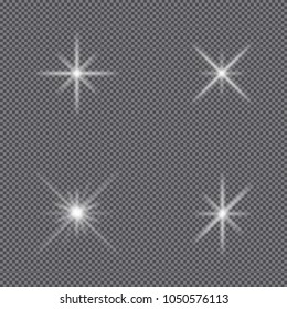 Glowing lights effect. Set of sparkles stars, glow flash, bright explosion and flare. Isolated on transparent background. Vector.