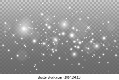 Glowing lights effect. Silver sparkle, stars and bokeh. Magic beautiful glitter. White sparks and flares. Abstract glow composition. Isolated holiday shine. Special silver dust. Vector illustration.