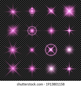 Glowing lights effects in pink isolated on transparent background. Set of bright stars flares of light. Vector illustration