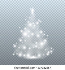 Glowing lights effects and shining stars formed a foggy christmas tree on blue transparent background. Abstract vector illustration for your Xmas, New Year, Holiday greeting card or winter design.