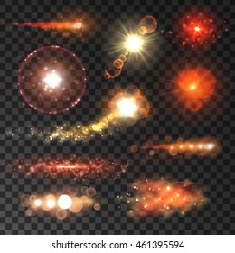 Glowing lights and flashes set. Red stars sparkling with lens flare effect on transparent background. Vector shining neon elements