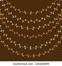 Glowing Lights Garland. Christmas design with light bulb garland. Warm colored vector light string