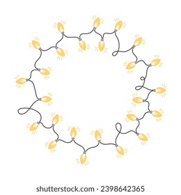 Luces brillantes Garlands en círculo con espacio vacío en el centro para la inscripción. Brillantes luces de Navidad Wreath Nochebuena diseño de tarjetas de felicitación navideñas.