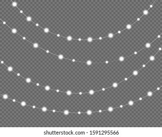 Glowing lights for holidays. Transparent glowing garland. White glowing lights for greeting card design. Garlands, decorations